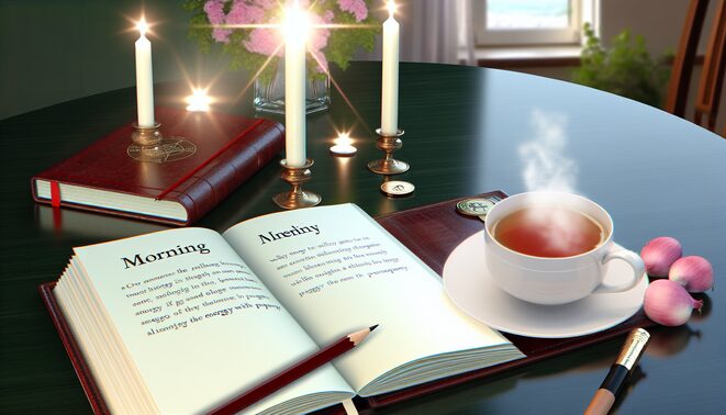 alt_text: A serene morning scene with tea, a journal, and candles, embodying energy and prosperity.