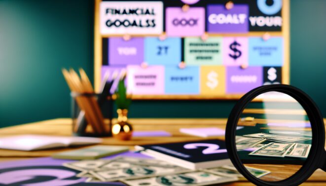 alt_text: A vibrant workspace showcasing an inspiring vision board focused on financial goals for 2026.