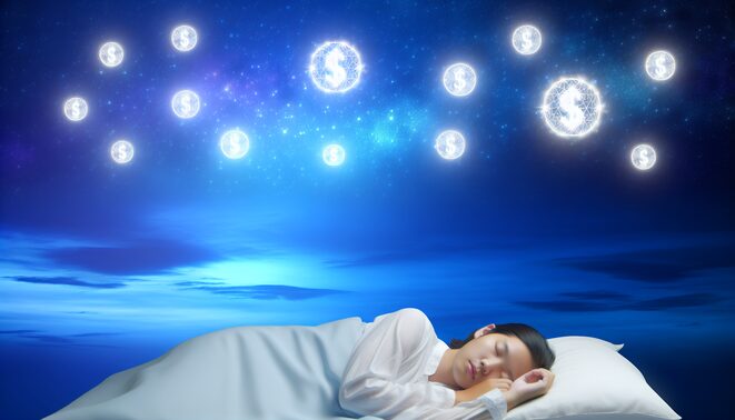 alt_text: Serene night sky, peaceful sleeper, glowing wealth symbols; a dreamy, tranquil visualization theme.