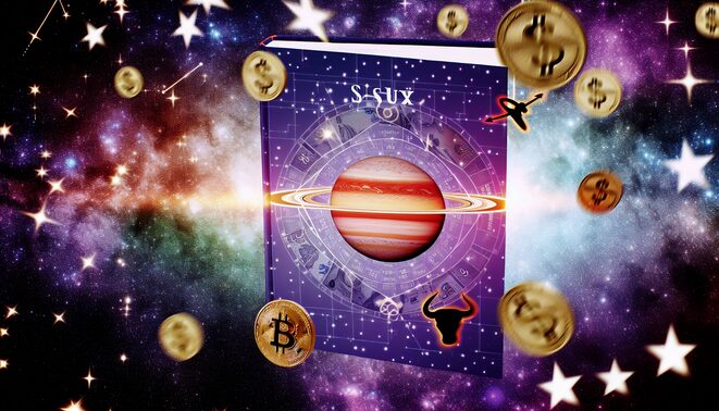 alt_text: Book cover blending astrology with finance, featuring Saturn, stars, and wealth symbols in mystic colors.
