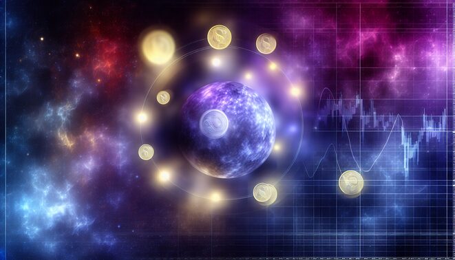 A cosmic blend of finance and astrology, featuring Mercury, coins, and charts, invites astute readers.