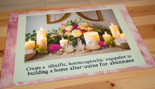 alt_text: A serene home altar featuring flowers, candles, and crystals, exuding peace and abundance.
