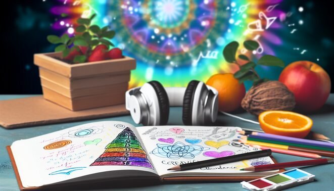 "Tranquil cover art illustrating creativity and abundance through journaling and soothing Solfeggio frequencies."