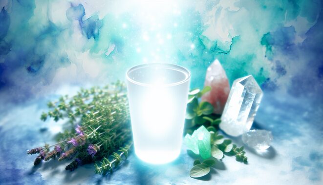 alt_text: Ethereal book cover with a glowing glass of water, herbs, crystals, and soft blue-green watercolor.