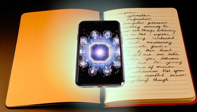 alt_text: Book cover contrasting digital affirmations on a device with handwritten notes in a journal, symbolizing growth.
