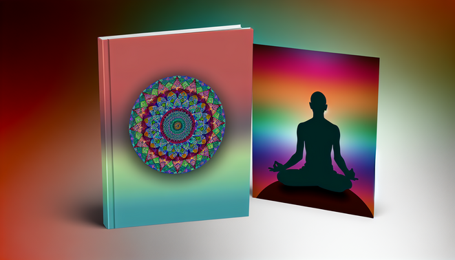 alt_text: A serene book cover featuring a colorful mandala, meditating figure, and calming gradient background.