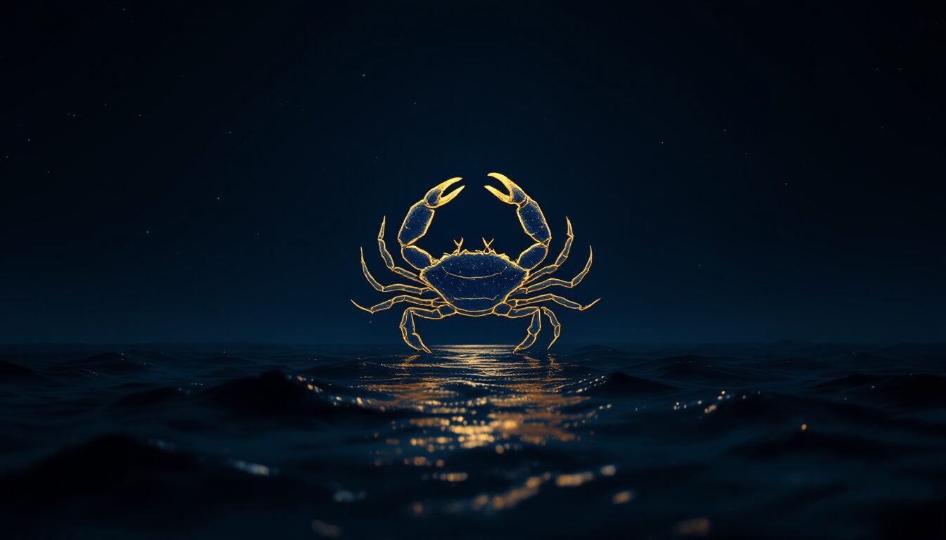 Símbolo dorado de Cáncer con luna llena reflejada en océano oscuro