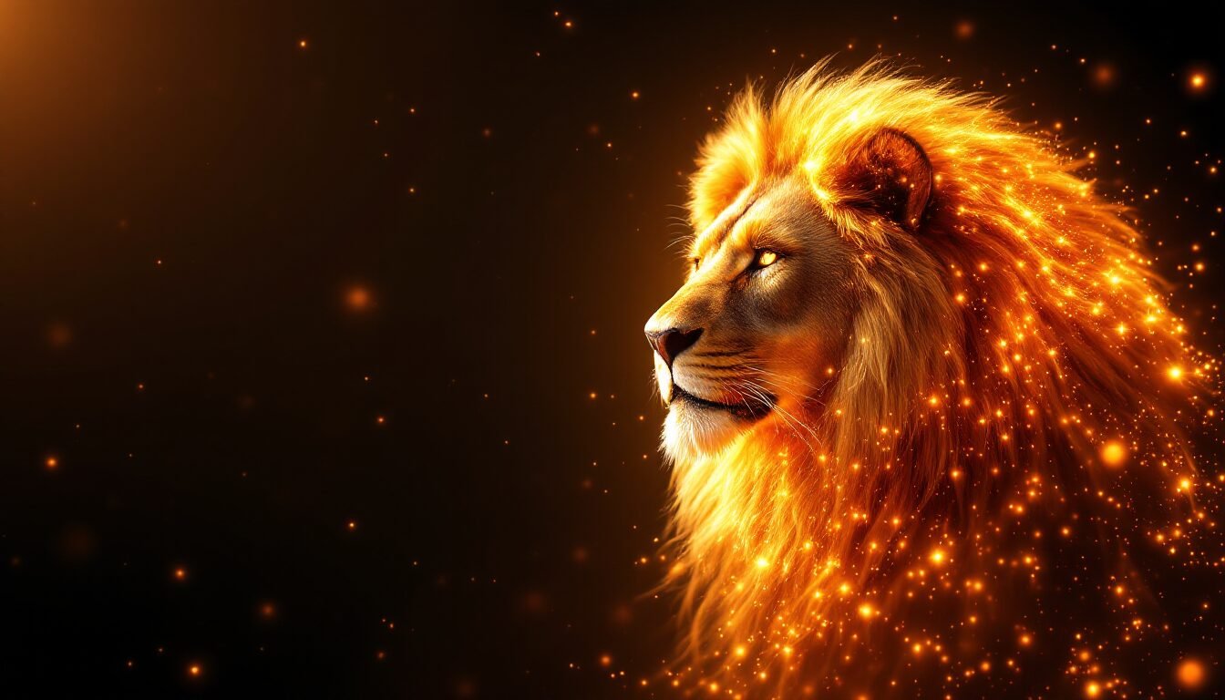León dorado majestuoso con corona solar sobre fondo cosmos negro