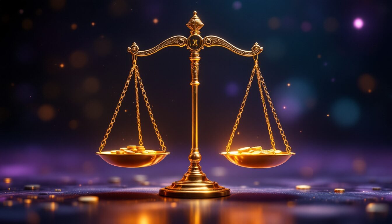 Balanza dorada de Libra perfectamente equilibrada con monedas sobre fondo oscuro