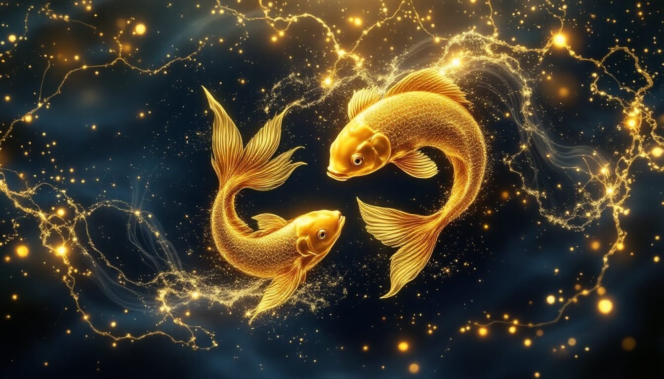 Dos peces dorados nadando en corrientes de luz sobre fondo azul profundo