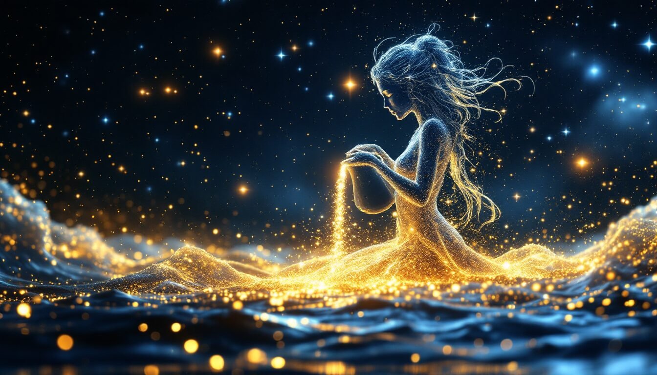 Silueta de Acuario vertiendo polvo de estrellas dorado sobre cosmos negro