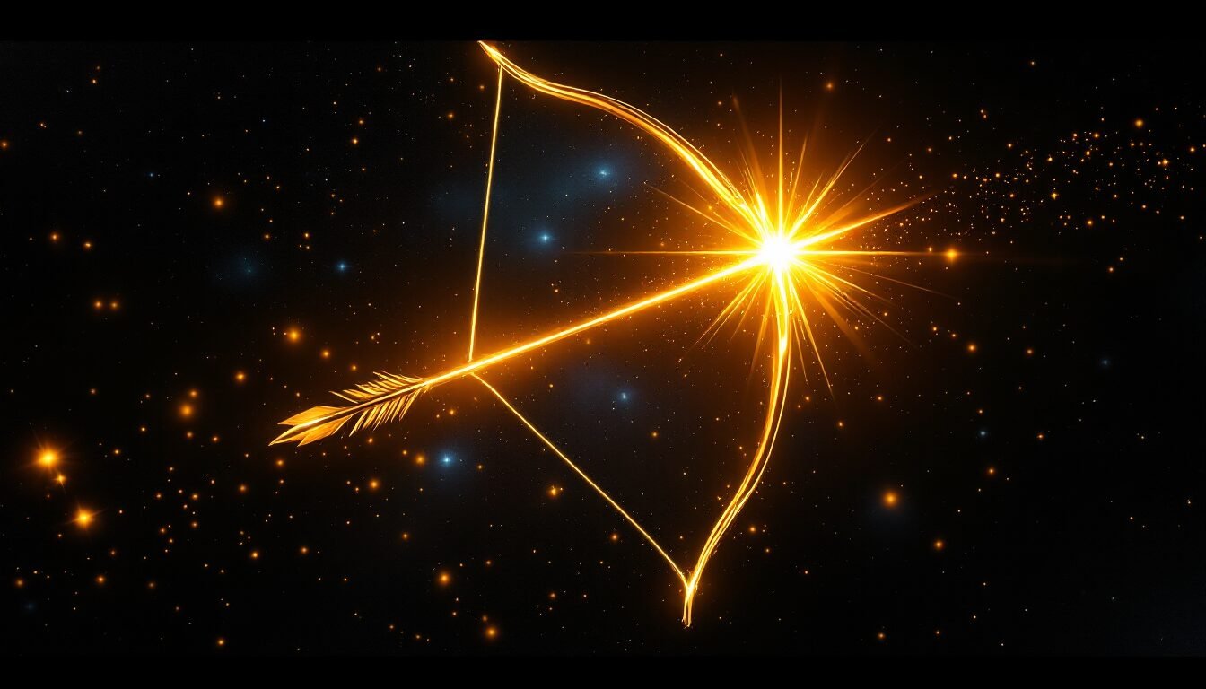 Flecha y arco dorado de Sagitario apuntando a estrella luminosa sobre cosmos