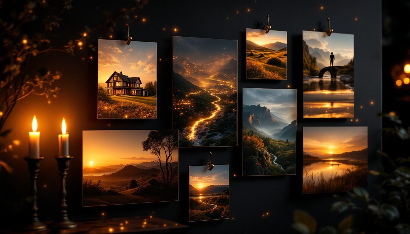 Moodboard elegante oscuro con imágenes doradas de abundancia y prosperidad sobre tablero premium