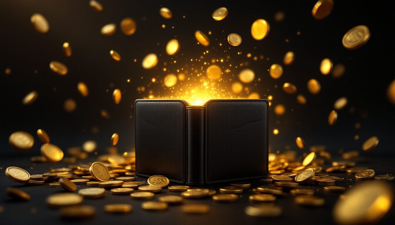 Cartera de cuero oscuro abierta con luz dorada interior y monedas flotando magnéticamente