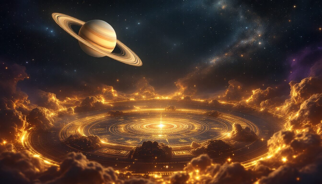 Saturno dorado con anillos sobre balanza kármica y energía violeta, sabiduría financiera ancestral