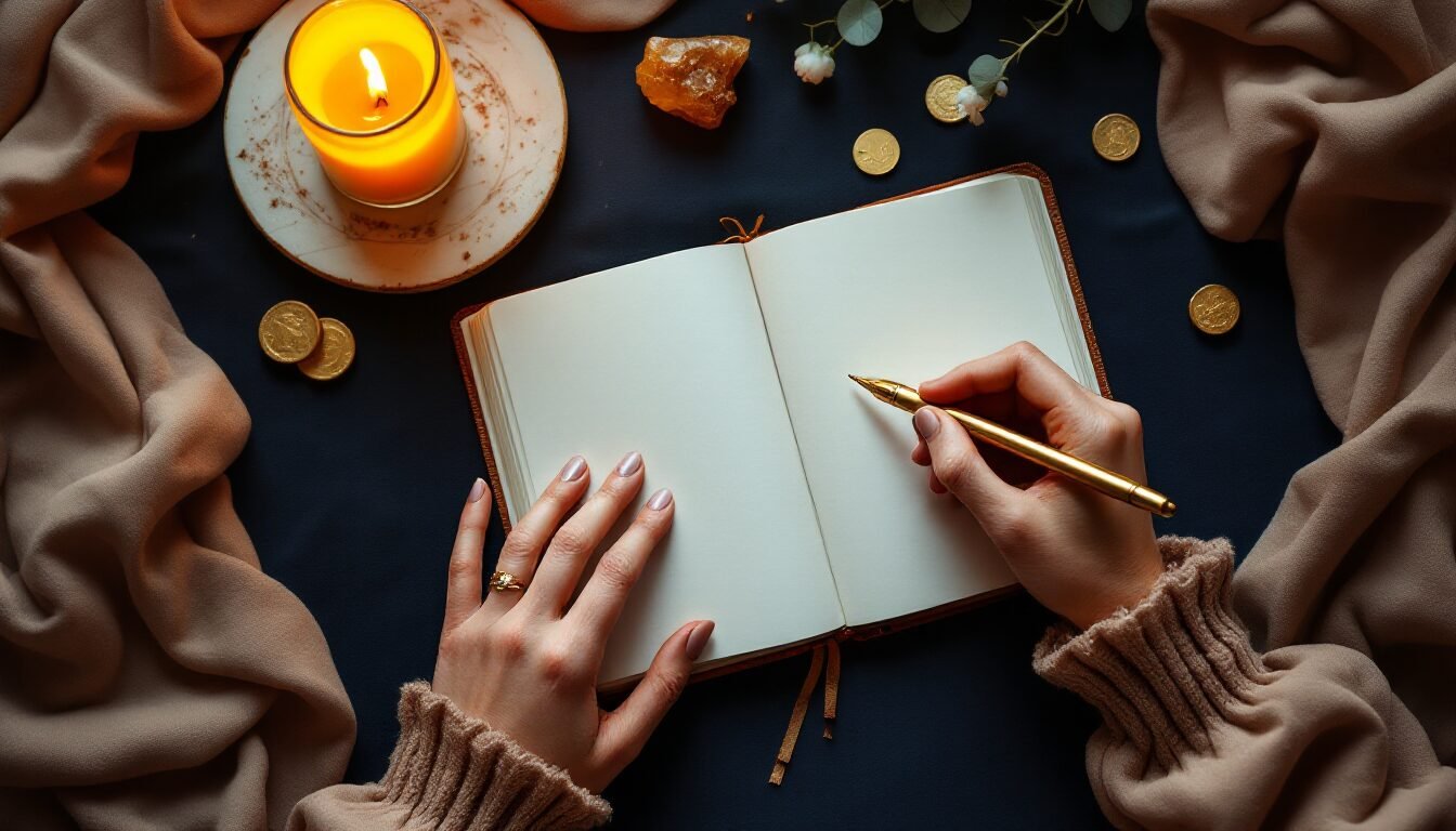 Manos escribiendo en un diario con pluma dorada rodeada de cristales y vela