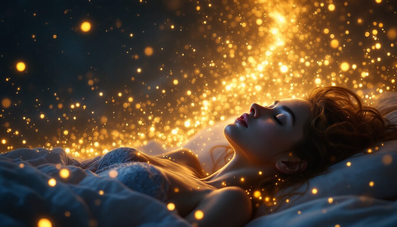 Mujer durmiendo rodeada de partículas doradas y cosmos para visualización nocturna