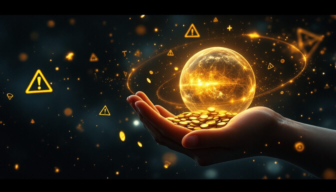 Planeta Mercurio en retrogrado con esfera dorada protegiendo monedas en espacio cósmico oscuro
