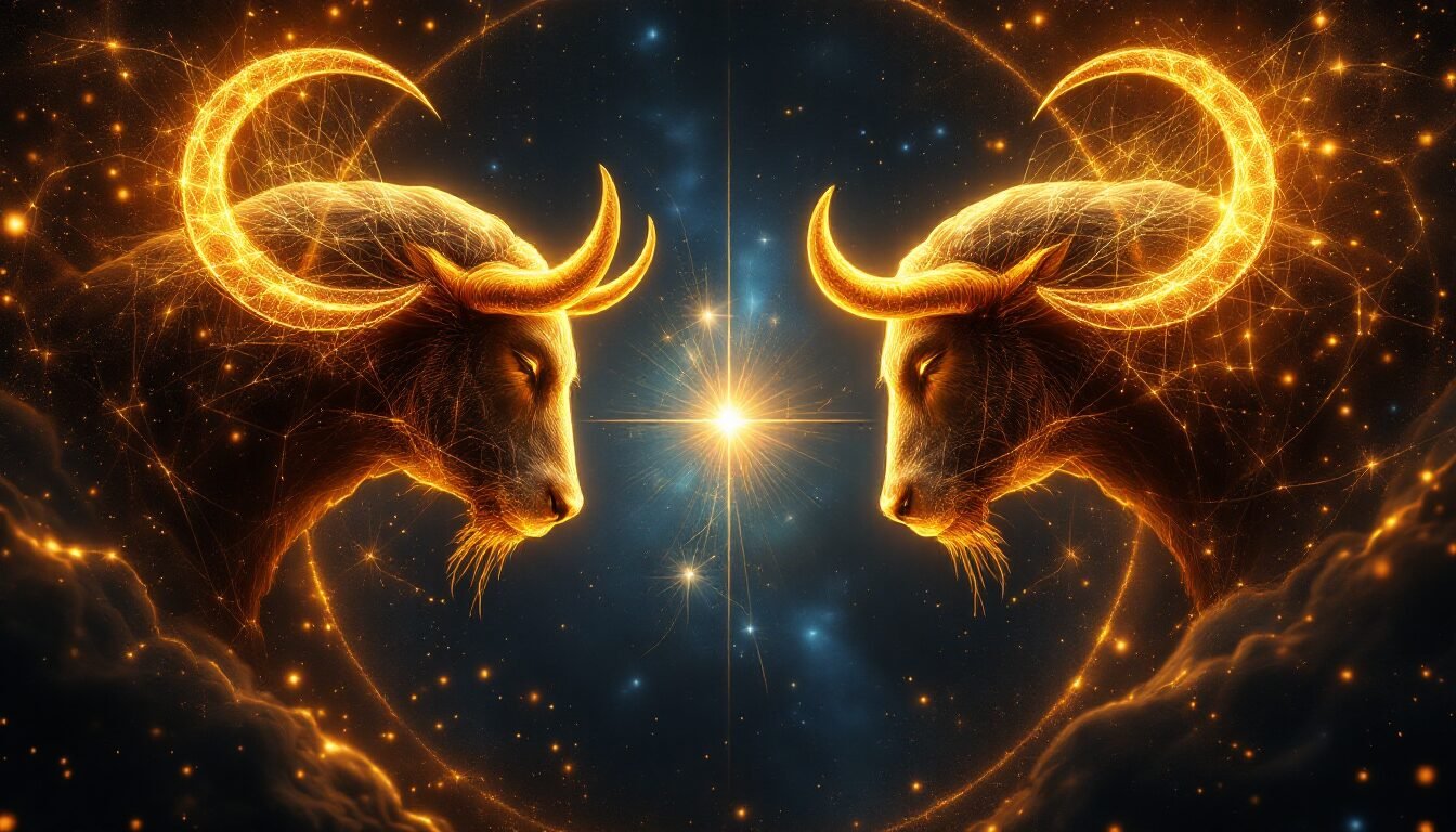 Símbolos de Tauro y Escorpio en luz dorada unidos por eje energético en cosmos