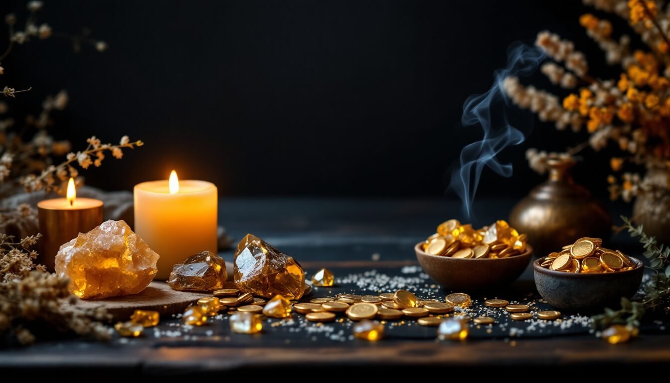 Altar de abundancia con cristales dorados, vela y monedas sobre superficie oscura