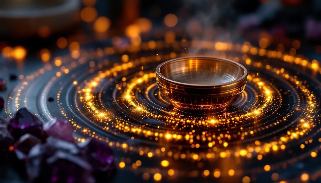 Ondas de sonido doradas y cuenco de cristal con luz mística para frecuencias solfeggio