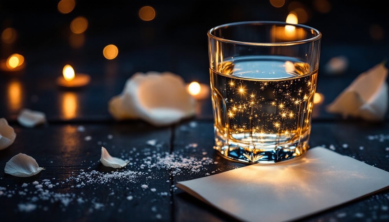 Vaso de agua con luz dorada de luna sobre superficie oscura para ritual de manifestación