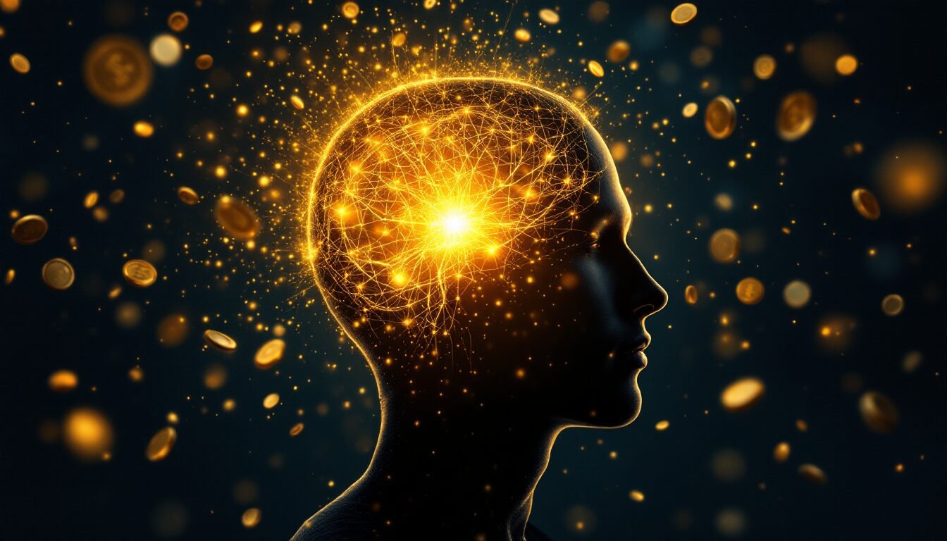 Silueta humana con red neuronal dorada visible y monedas flotantes sobre fondo navy