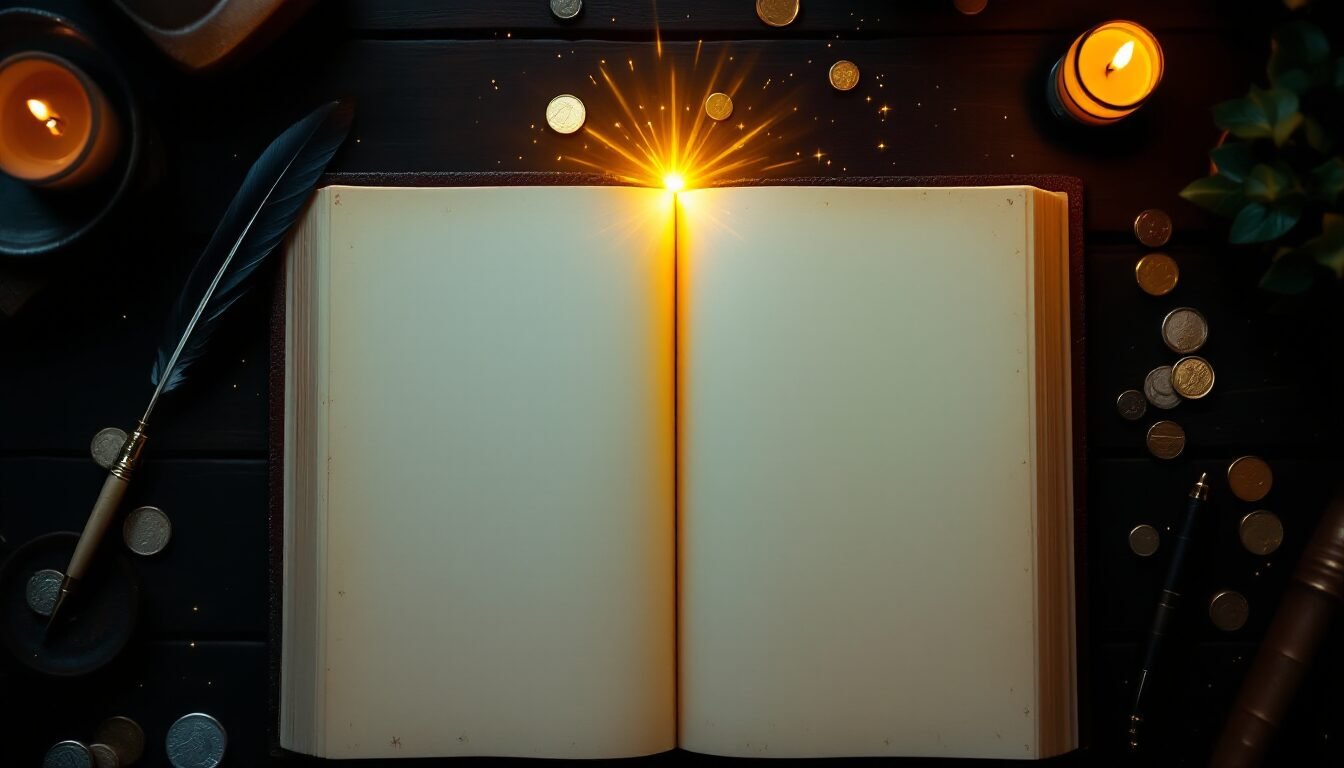 Libro abierto con páginas doradas brillantes y pluma sobre superficie oscura