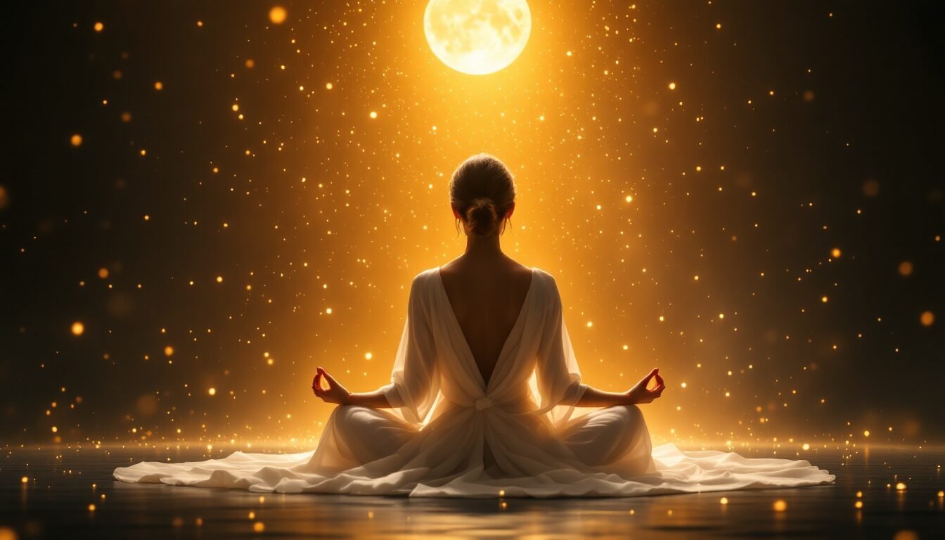 Mujer meditando bañada en luz dorada sobre fondo azul profundo