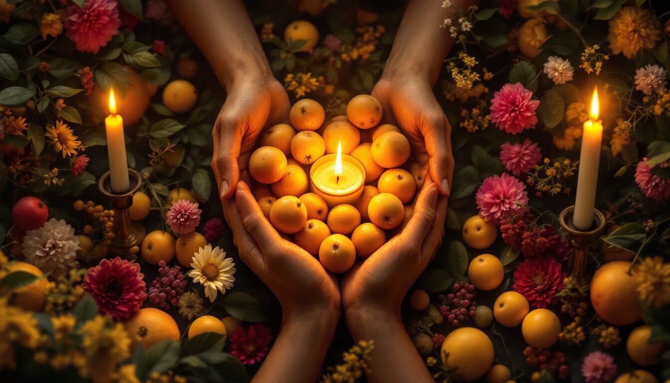 Jardín iluminado en dorado con frutos abundantes y manos sosteniendo prosperidad