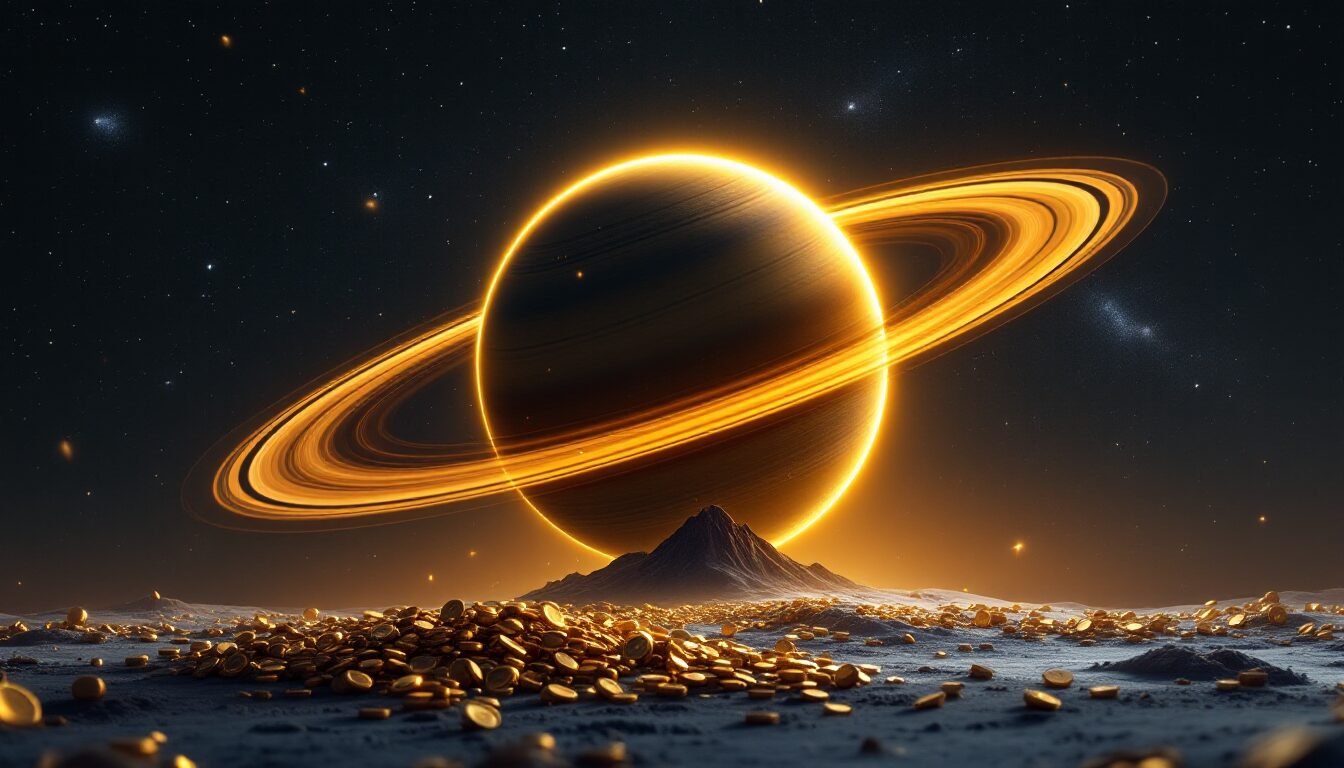 Planeta Saturno con anillos dorados sobre espacio profundo y montaña con monedas