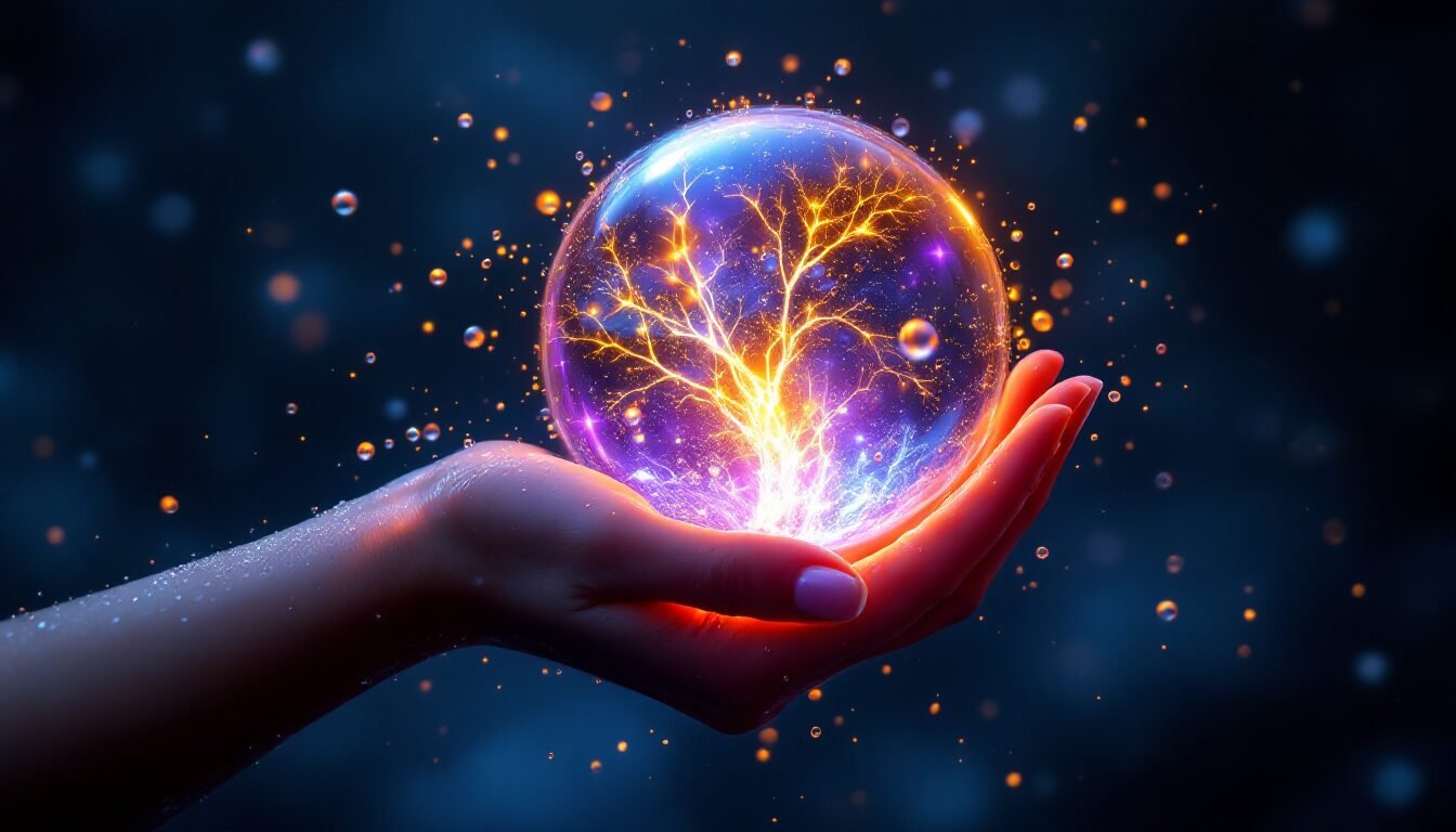Mano tocando bola de cristal con luz dorada y púrpura para intuición de Piscis