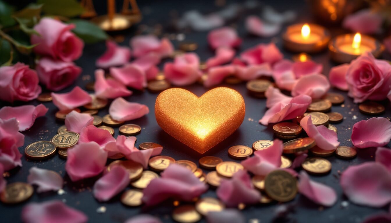 Pétalos de rosa y monedas doradas alrededor de corazón brillante para ritual de Libra
