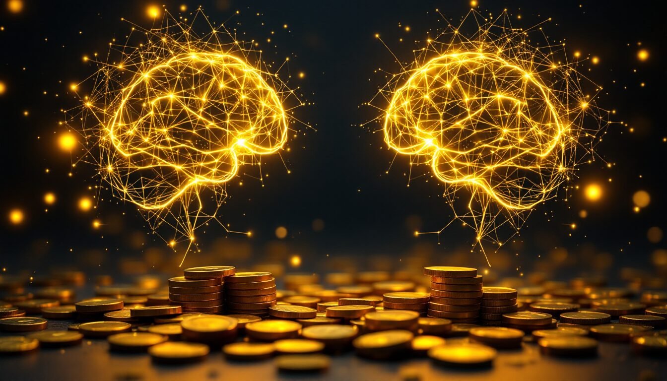 Hilos dorados conectando hemisferios cerebrales con monedas, Géminis y abundancia financiera