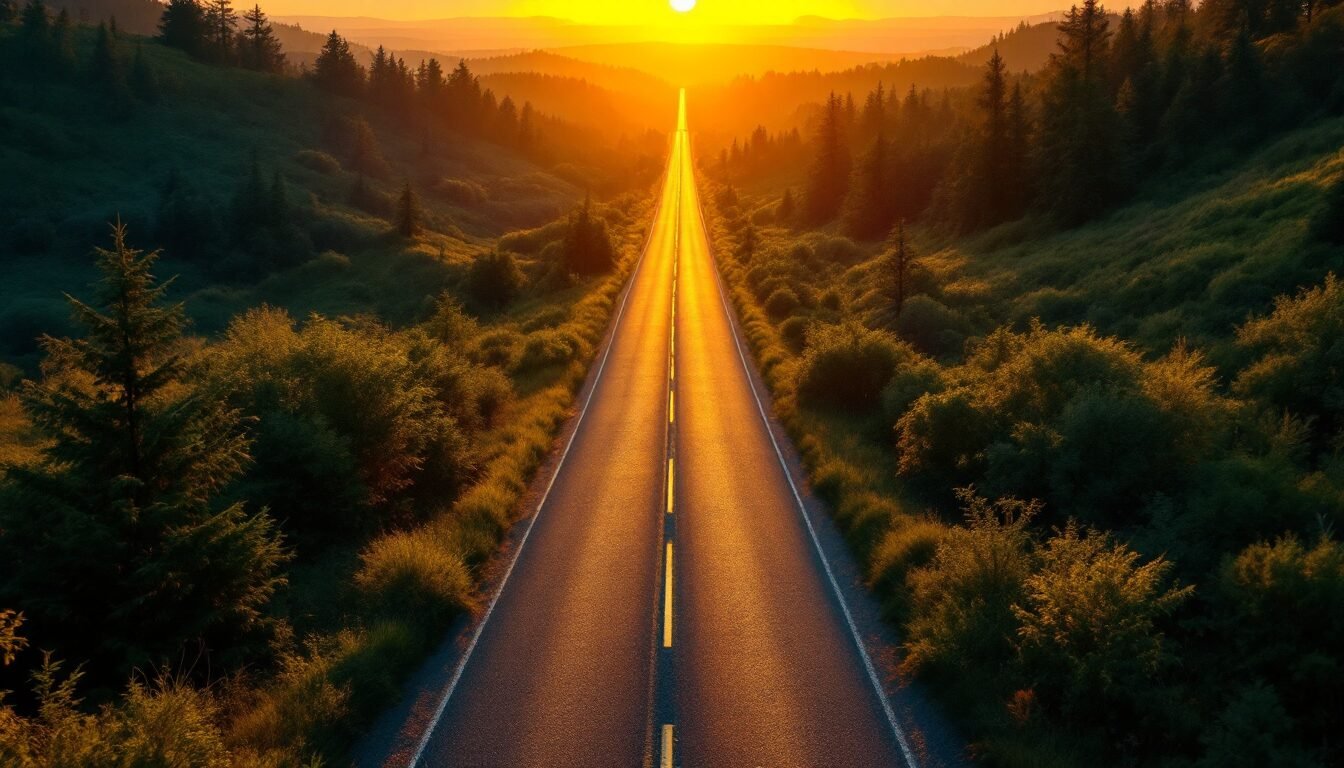 Camino abierto al atardecer dorado rodeado de naturaleza y brújula dorada