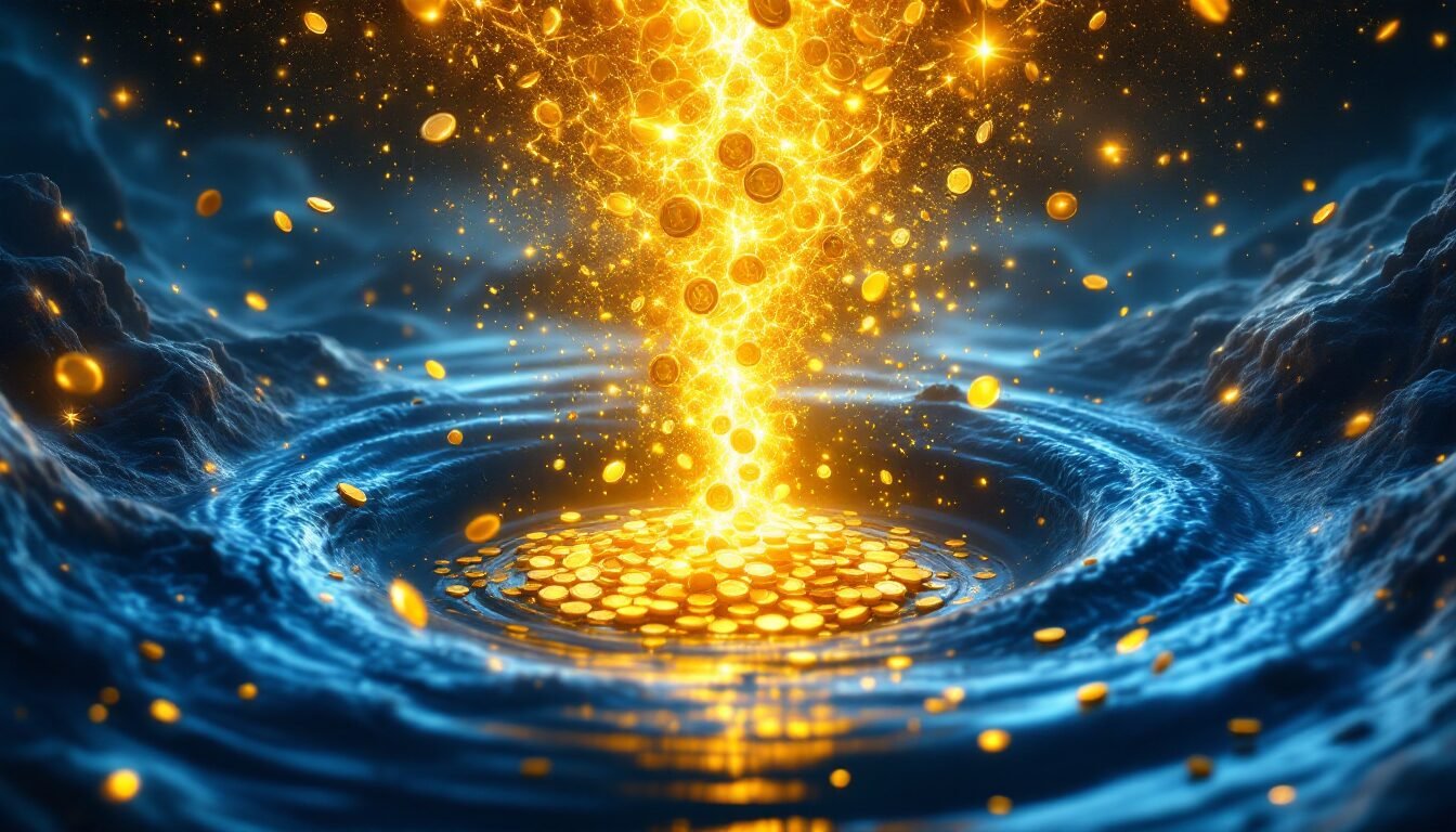 Figura acuario vertiendo monedas de luz dorada en el cosmos