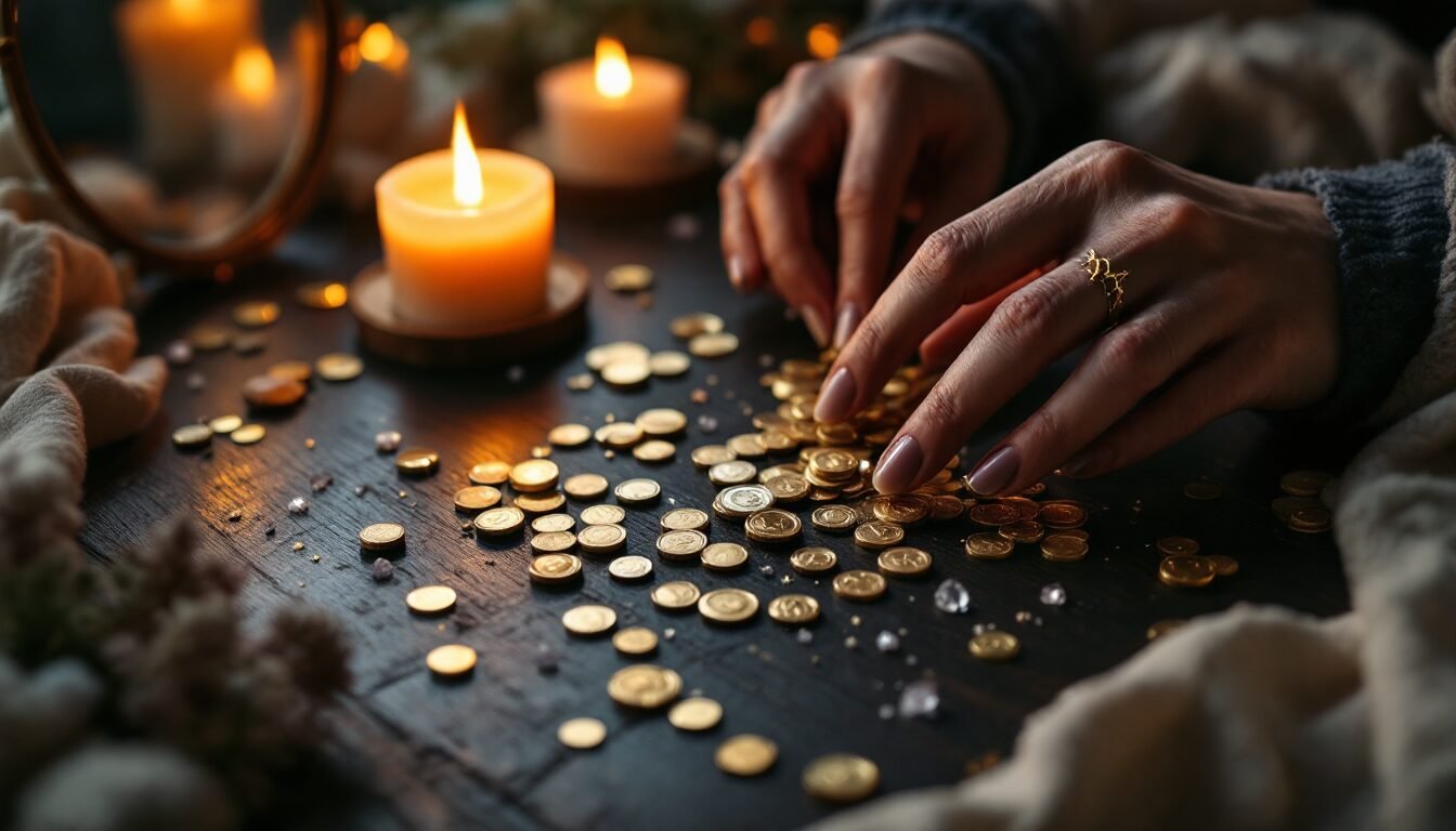 Manos femeninas ordenando monedas y cristales con meticulosidad bajo luz cálida