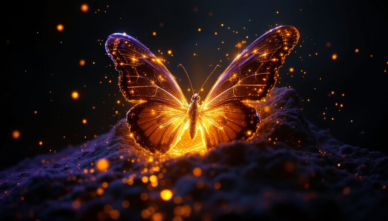 Mariposa emergiendo de capullo oscuro con alas de luz dorada y morada