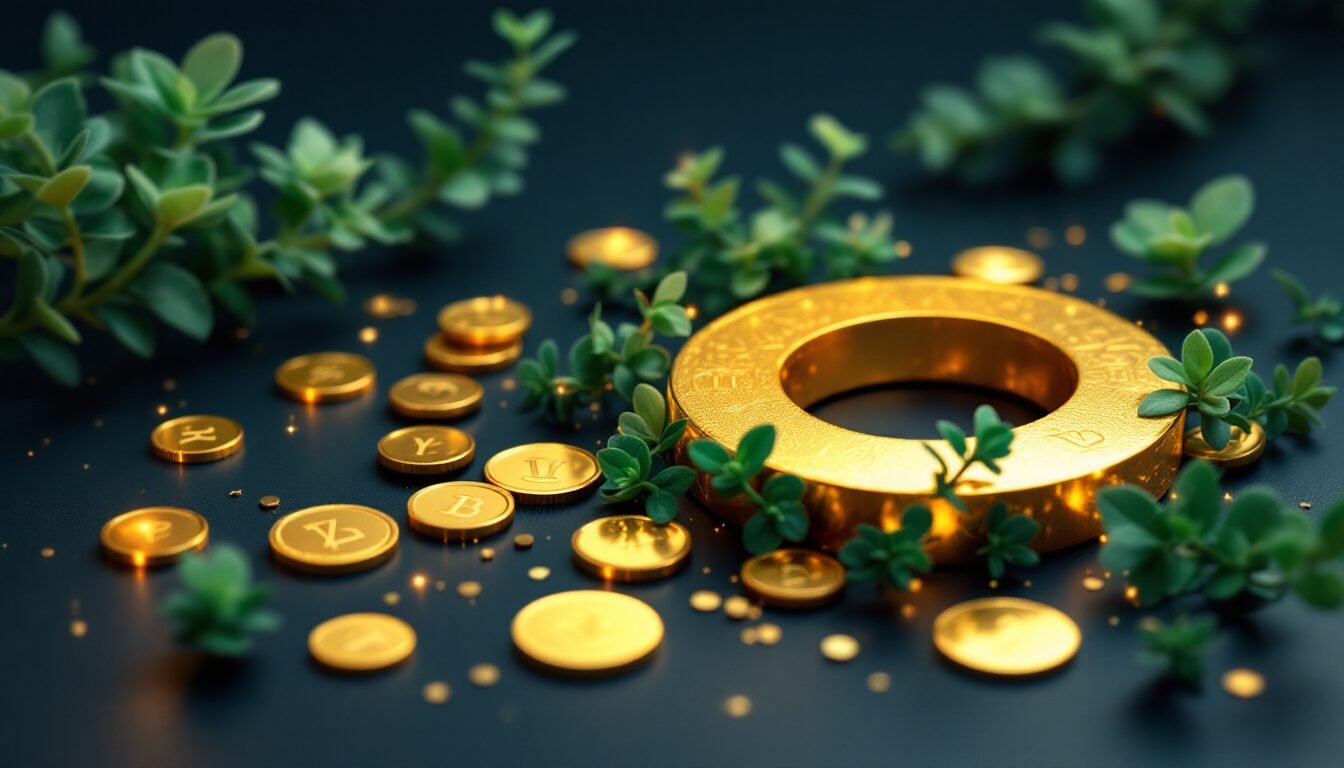 Imán dorado atrayendo monedas y plantas verdes sobre superficie oscura