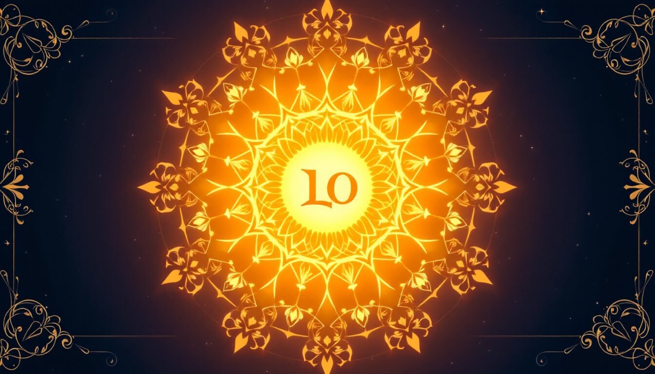 Mandala solar dorado con símbolo de Leo sobre fondo azul marino profundo