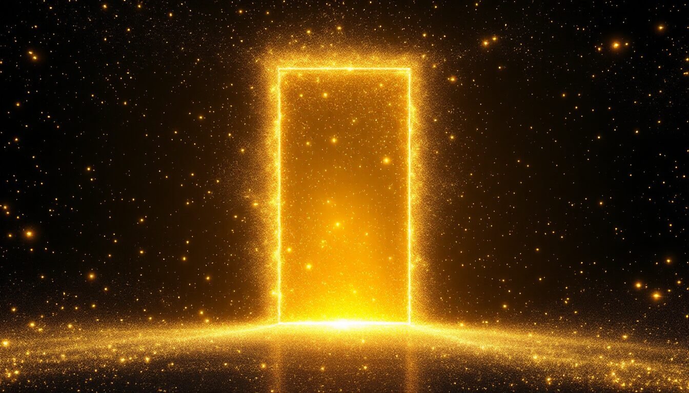 Puerta dorada abriéndose en espacio cósmico oscuro con luz brillante
