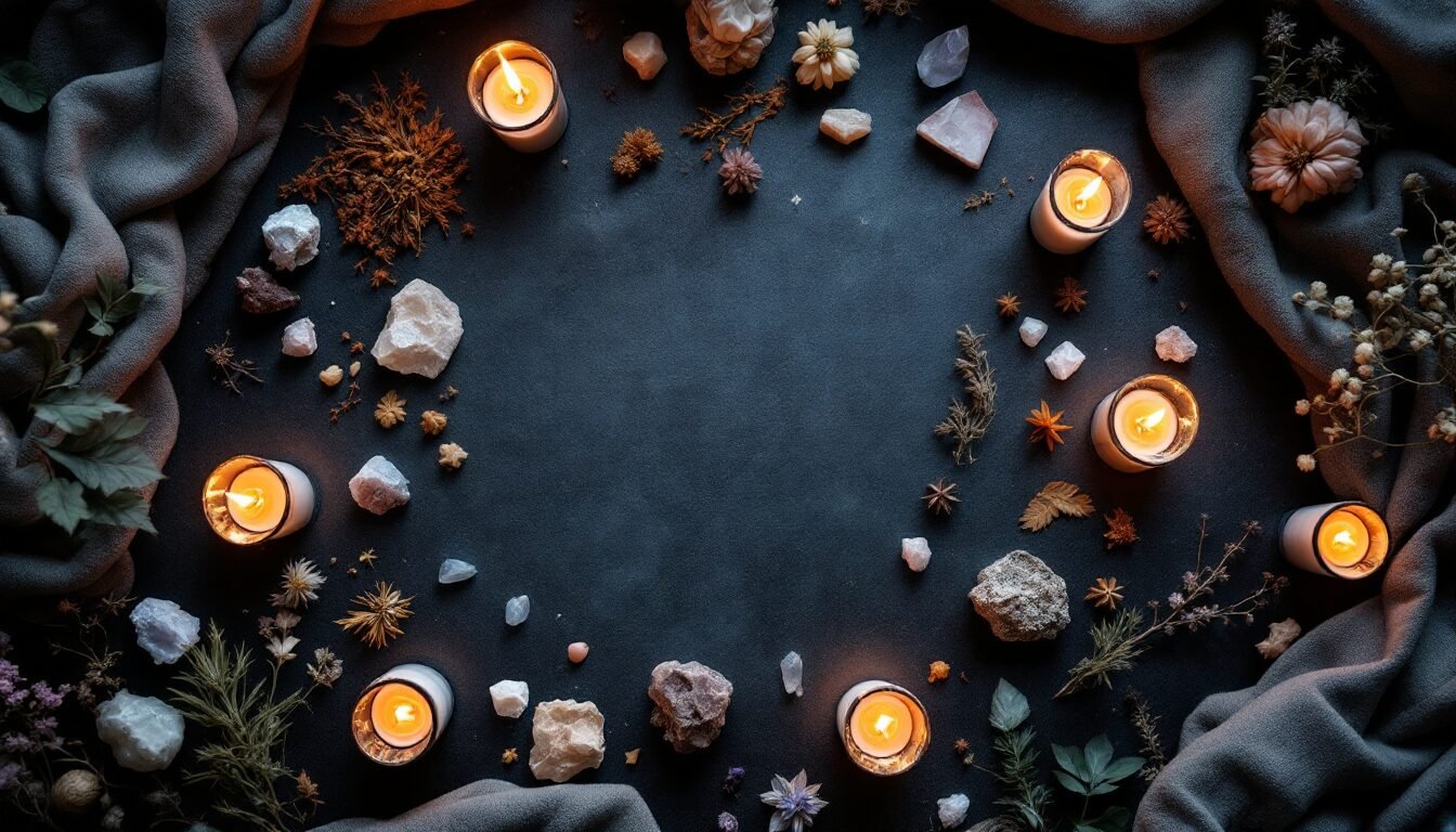 Vista aérea de altar espiritual con velas y cristales en geometría sagrada