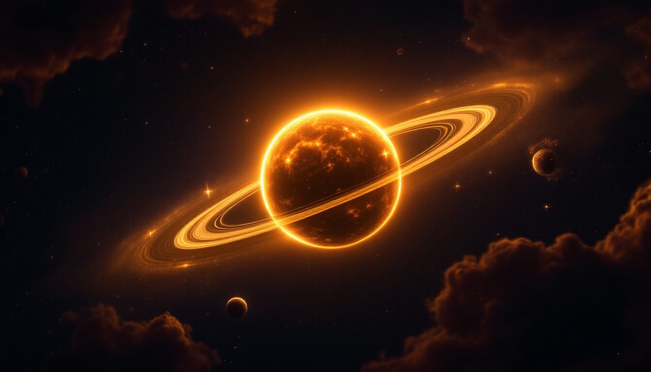 Planeta Mercurio retrógrado como orbe dorado con anillos en espacio profundo