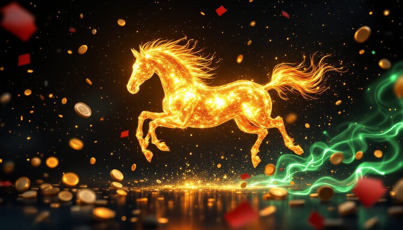 Silueta de caballo dorado de fuego con símbolos de prosperidad Feng Shui y energía Chi verde sobre fondo oscuro