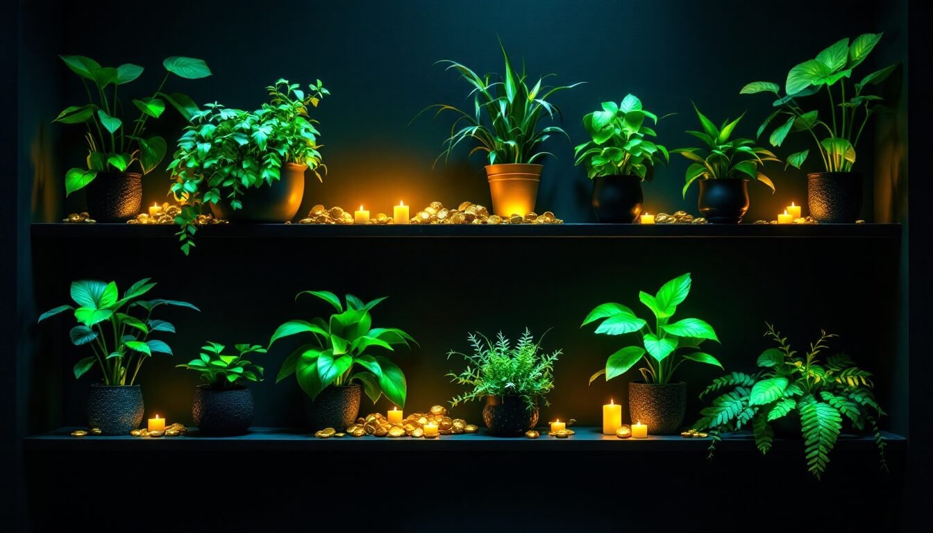 Nueve plantas de prosperidad Feng Shui con luz verde bioluminiscente y monedas doradas en interior oscuro elegante