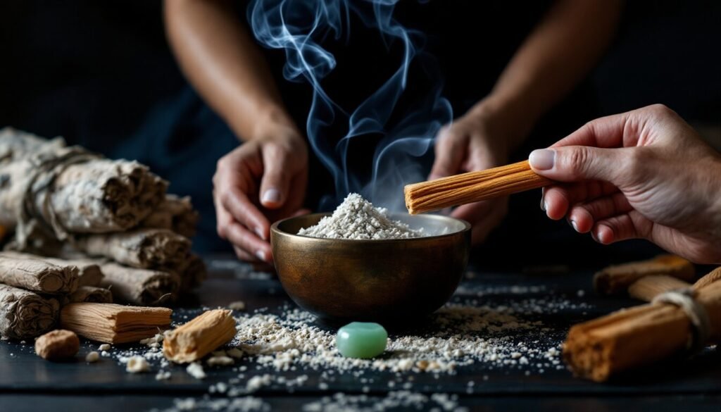 Manos sosteniendo palo santo humeante sobre mesa oscura con cristales y cuenco tibetano para limpieza energética