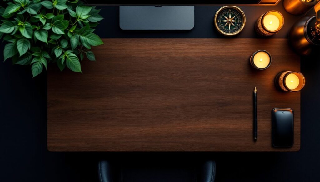 Escritorio de emprendedor organizado con planta de jade, monedas doradas y brújula sobre superficie oscura de madera