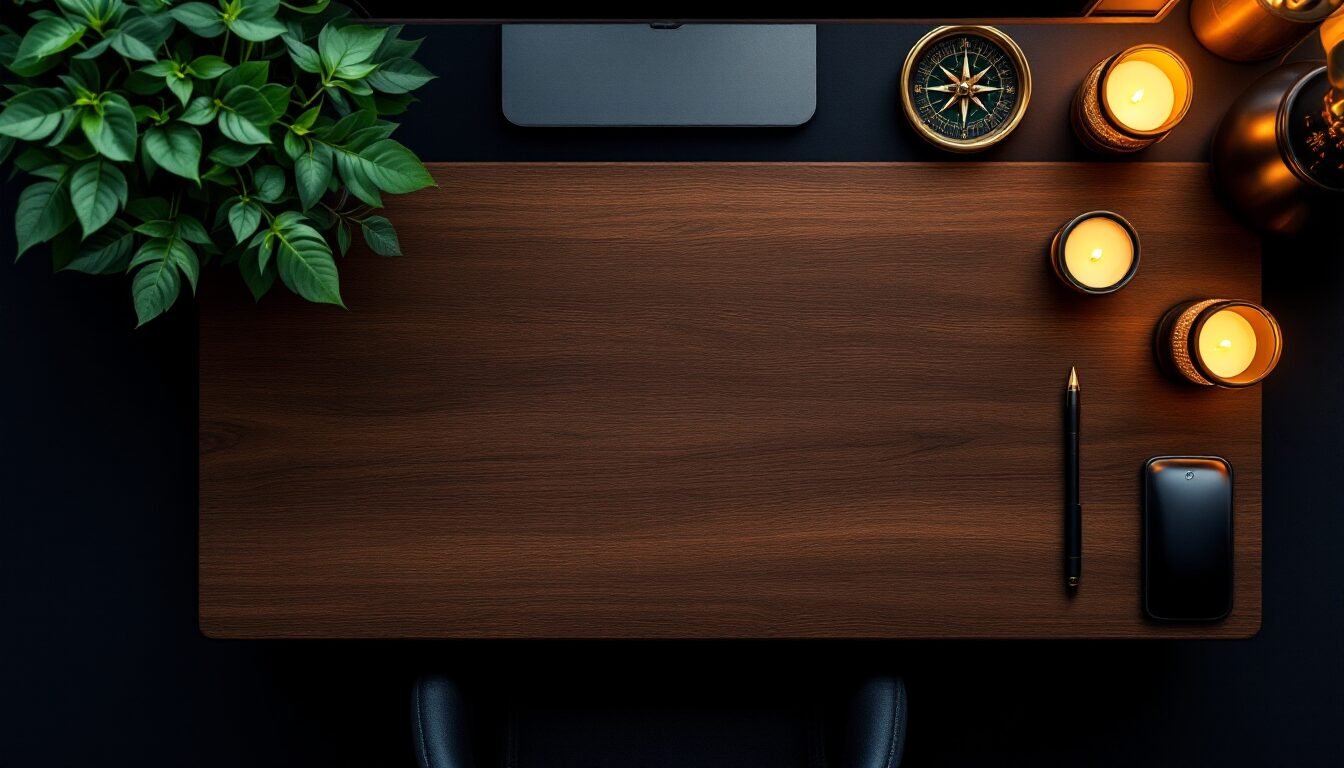 Escritorio de emprendedor organizado con planta de jade, monedas doradas y brújula sobre superficie oscura de madera