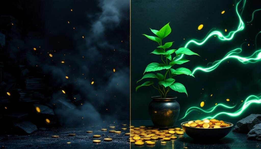 Comparación de espacio con energía estancada vs espacio activo con Chi verde y dorado fluyendo libremente