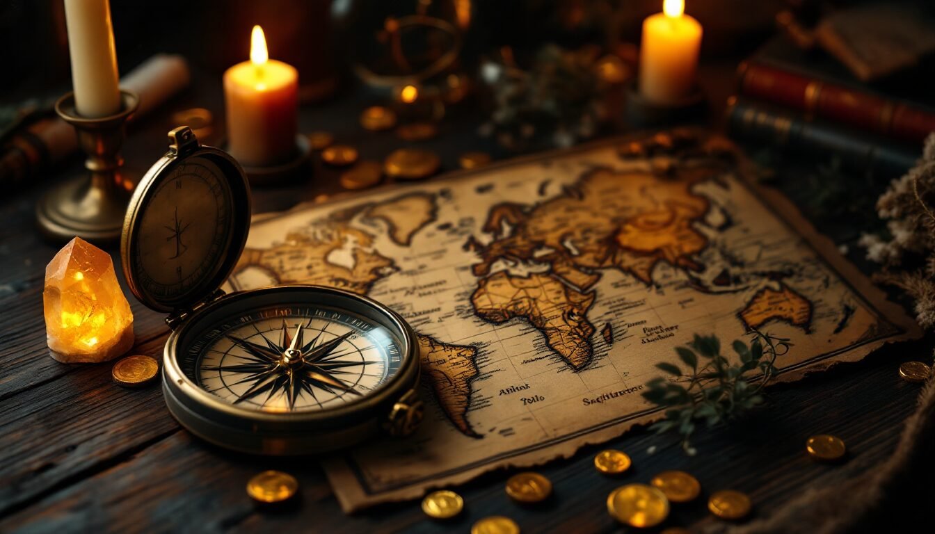 Brújula vintage y mapa sobre mesa oscura con luz dorada de vela
